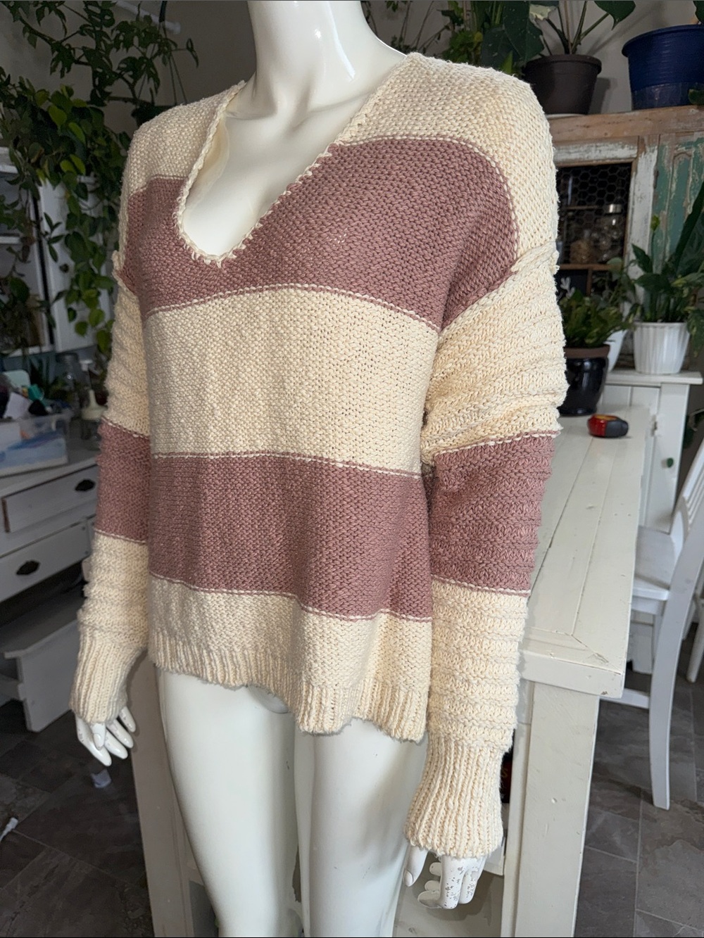 By Together Cozy Striped Crewneck Sweater - Cream & Dusty Rose